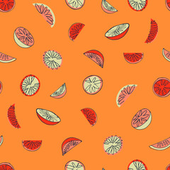 Seamless pattern with hand drawn citrus for surface design, posters, illustrations. Healthy vegan food, tropical fruit theme