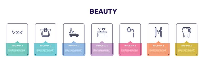 beauty concept infographic design template. included facial hair, weighing scale, relaxing, tissues, monocle, suspenders, tissue paper icons and 7 option or steps.