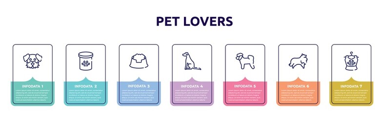 pet lovers concept infographic design template. included dog moustache, pet food, pet dish, pointer dog, bichon, sheltie, clothing icons and 7 option or steps.