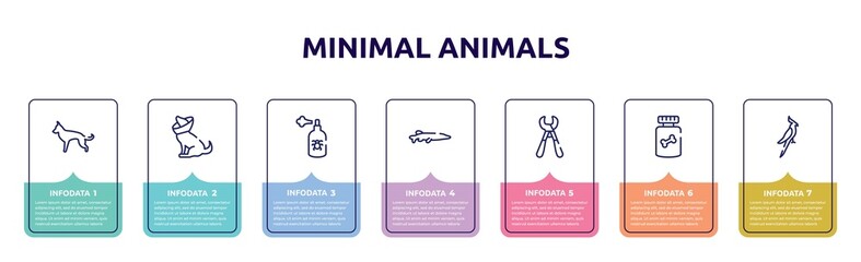 minimal animals concept infographic design template. included german shepherd, cone of shame, spray, big pike, pet trimmer, honey treat, nymphicus hollandicus icons and 7 option or steps.