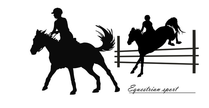 a set of silhouettes. a rider jumping over an obstacle on a horse, isolated images, a black silhouette on a white background.