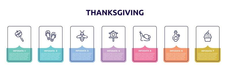 Fototapeta premium thanksgiving concept infographic design template. included caramel, flip flops, beekeeper, bird house, snails, cider, muffin icons and 7 option or steps.