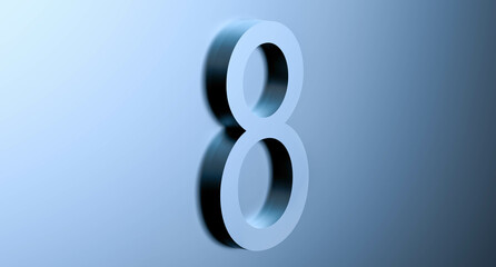 Number 8 on a blue background with reflection. Abstract EIGHT bluish metallic color with reflection. 3d rendering illustration.