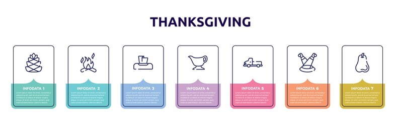 thanksgiving concept infographic design template. included pine cone, campfire, napkin, gravy, pickup truck, scene, pear icons and 7 option or steps.