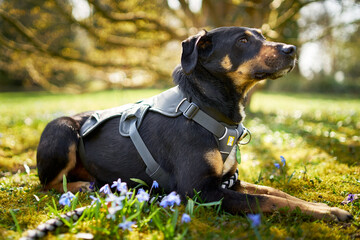 portrait of a dog in the sunshine on a meadow with flowers