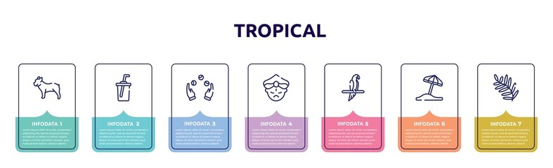 tropical concept infographic design template. included bulldog, soda, juggling, maharaja, aw, sun umbrella, fern icons and 7 option or steps.