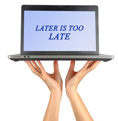 Woman showing slogan on notebook