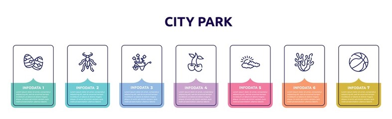 Fototapeta na wymiar city park concept infographic design template. included easter egg, water scorpion, wheelbarrow, cherry, cloudy, seaweed, basketball ball icons and 7 option or steps.