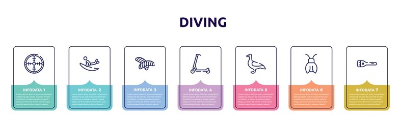diving concept infographic design template. included crosshair, surf, null, scooter, goose, cicada, flashlight icons and 7 option or steps.