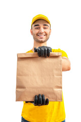 Delivery man with paper bag. Courier in uniform cap and t-shirt, gloves service fast delivering orders. Young guy holding a cardboard package. Character on isolated white background for mockup design