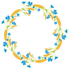 Decorative floral wreath from bunch of ripe wheats and cornflowers