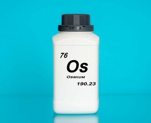 Osmium Os chemical element in a laboratory plastic container