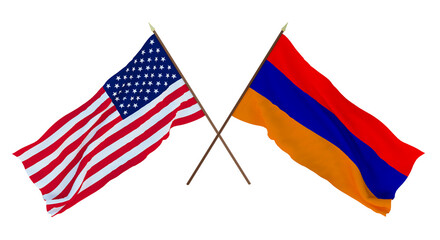 Background for designers, illustrators. National Independence Day. Flags of United States of America, USA and Armenia