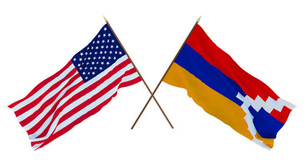Background for designers, illustrators. National Independence Day. Flags of United States of America, USA and Artsakh