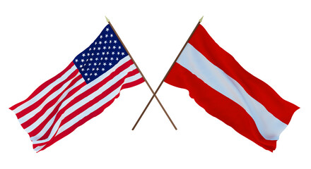 Background for designers, illustrators. National Independence Day. Flags of United States of America, USA and Austria