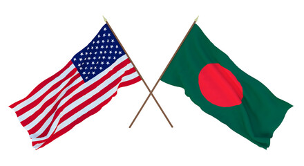 Background for designers, illustrators. National Independence Day. Flags of United States of America, USA and Bangladesh