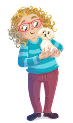 illustration of woman with small dog in her arms - obrazy, fototapety, plakaty