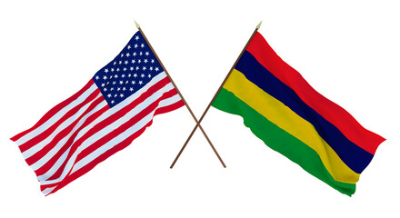 Background for designers, illustrators. National Independence Day. Flags of United States of America, USA and Mauritius