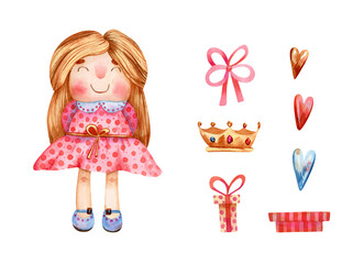 Watercolor doll, girl, crown, bow, gift boxes, hearts toys set. Cute girlie, baby with gold hair in pink and red dress, blue shoes for birthday, kids souvenirs