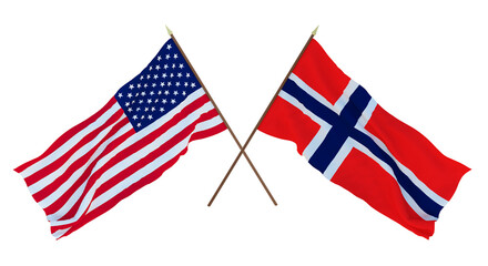 Background for designers, illustrators. National Independence Day. Flags of United States of America, USA and Norway