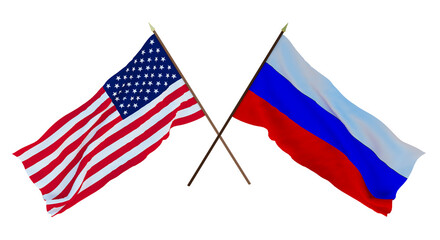 Background for designers, illustrators. National Independence Day. Flags of United States of America, USA and Russia