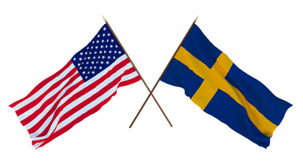 Background for designers, illustrators. National Independence Day. Flags of United States of America, USA and Sweden