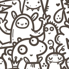 Seamless pattern with cute cartoon creatures on white background. Funny cartoon animals print. Doodle monster poster.