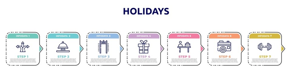 holidays concept infographic design template. included directions arrows, hotel bell ringing, airport security portal, birthday gift, check in desk, vintage digital photo camera, gym dumbbell icons