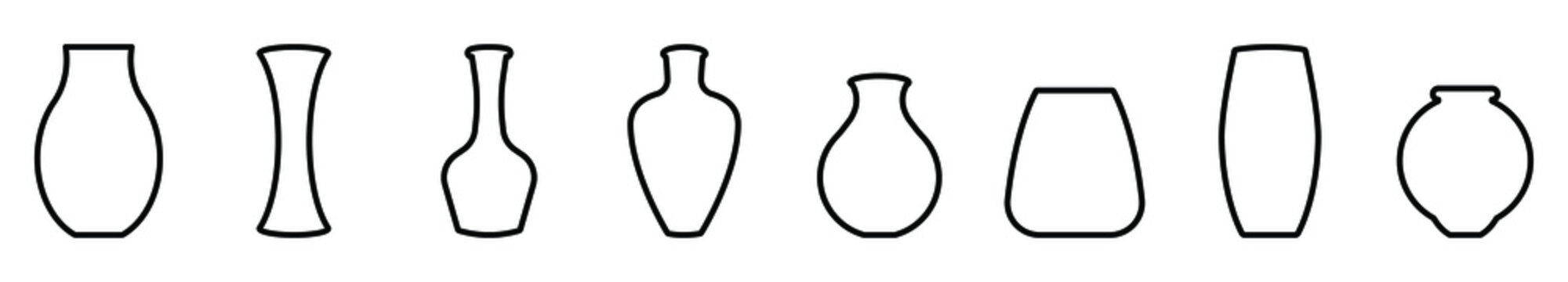 Silhouettes of the vases. Set of different vases. Vector illustration. Black linear icons of vase