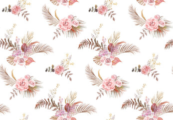 Seamless watercolor pattern with herbarium of tropical palm leaves and delicate roses on white background for textile and surface design