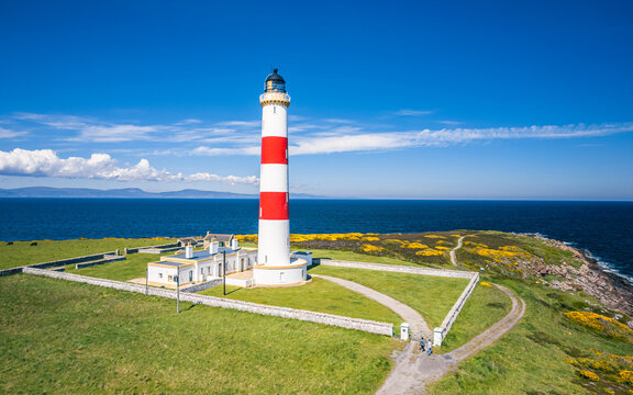 Tarbat Ness Lighthouse from a drone, Portmahomack, Highland, East Coast of Scotland