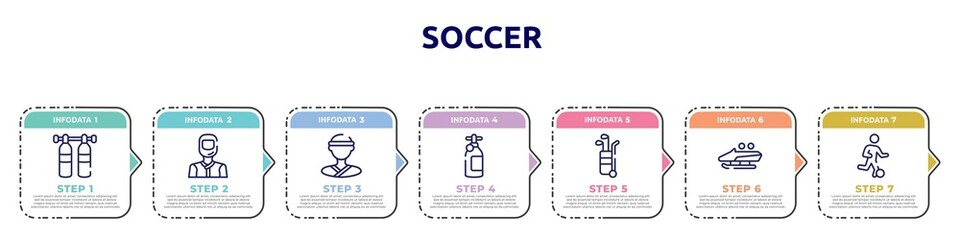 soccer concept infographic design template. included gas cilinder, drivers, judoka, , golf caddy, bobsled, football players icons and 7 option or steps.