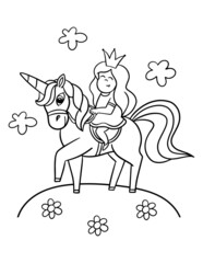 Unicorn and princess coloring pages. Kids coloring page.