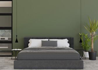 Empty green wall in modern and cozy bedroom. Mock up interior in contemporary style. Free, copy space for your picture, text, or another design. Bed, plants, lamps. 3D rendering.