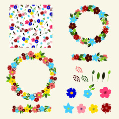 Summer flowers вotanical hand drawn vector set, floral elements, wreaths, seamless pattern, pattern brush 