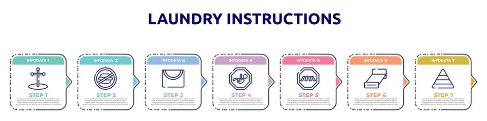 laundry instructions concept infographic design template. included cross stuck in ground, not allowed snacks, drying line, baby zone, crossing road caution, bed 3d view, pyramidal structure icons