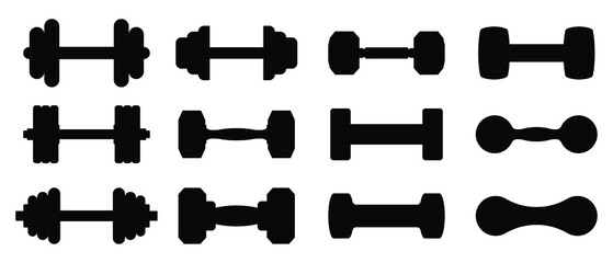 Dumbbell icon. Set of different dumbbell. Vector illustration. Dumbbells for a sports hall. Black sign design.