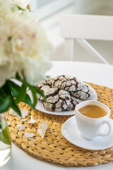 Chocolate chip cookies for breakfast on the table. Selective focus.