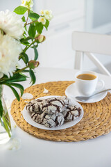 Chocolate chip cookies for breakfast on the table. Selective focus.