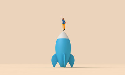 Business start up concept. Character with a rocket. 3D Rendering