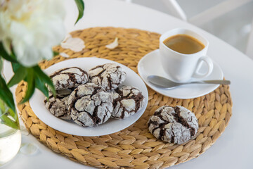 Chocolate chip cookies for breakfast on the table. Selective focus.