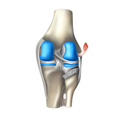 Muscular system and knee joint on a white background, rear view. 3D illustration