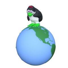 3D-illustration of a cute and funny cartoon penguine on ecosystem earth