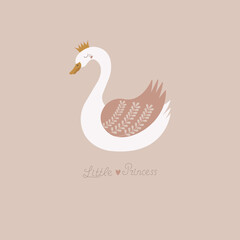 Cute swan princess. Gentle greeting card for a little princess. Hand drawn bird with a crown. Kids design for baby shower, textiles, T-shirts. Baby sweet print. Wall art nursery.  © Katerina