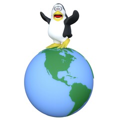 3D-illustration of a cute and funny cartoon penguine on ecosystem earth