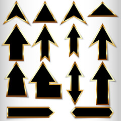 black arrow icon set.black golden border 3d arrow set . arrow with shadow
