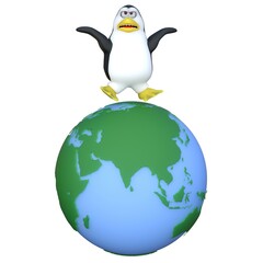 3D-illustration of a cute and funny cartoon penguine on ecosystem earth