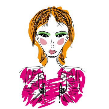 Model with red hair and green eye shadows and pink dress, sketch