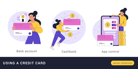 Fototapeta na wymiar Functions and use of a credit card concept. Vector cartoon flat illustration of a young woman who uses a bank card and receives cash back, conducts transactions using a mobile application