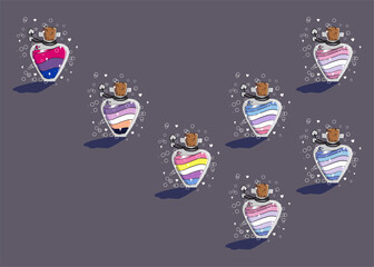 set of elixir, potion bottle designs of LGBTQ  Bi pride flags. Bisexual, biromantic, bigender, bigender  woman leaning, bigender man leaning, queer hand-drawn fantasy bottles